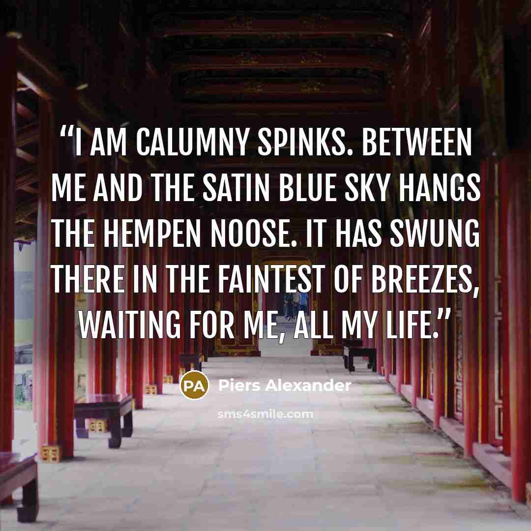 “I am Calumny Spinks. Between me and the satin blue sky hangs the hempen noose. It has swung there in the faintest of breezes, waiting for me, all my life.” quote by Piers Alexander