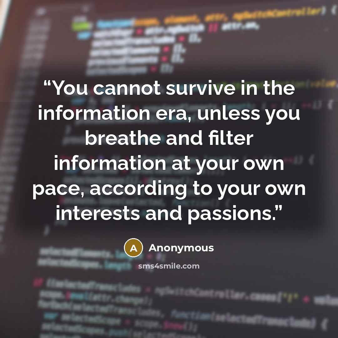 “You cannot survive in the information era, unless you breathe and filter information at your own pace, according to your own interests and passions.” quote by Anonymous