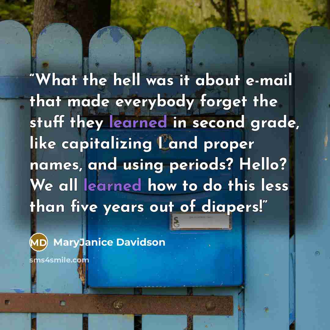 “What the hell was it about e-mail that made everybody forget the stuff they learned in second grade, like capitalizing I and proper names, and using periods? Hello? We all learned how to do this less than five years out of diapers!” quote by MaryJanice Davidson