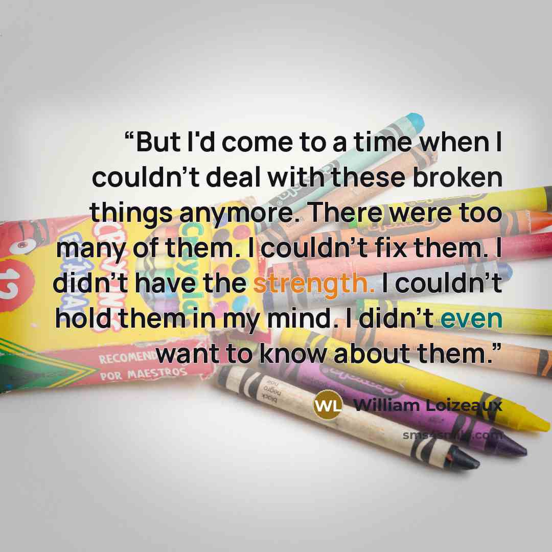 “But I'd come to a time when I couldn't deal with these broken things anymore. There were too many of them. I couldn't fix them. I didn't have the strength. I couldn't hold them in my mind. I didn't even want to know about them.” quote by William Loizeaux