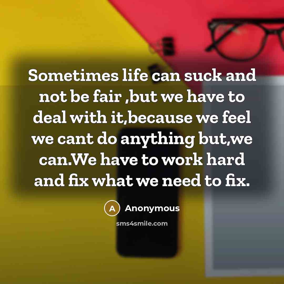 “Sometimes life can suck and not be fair ,but we have to deal with it,because we feel we cant do anything but,we can.We have to work hard and fix what we need to fix.” quote by Anonymous