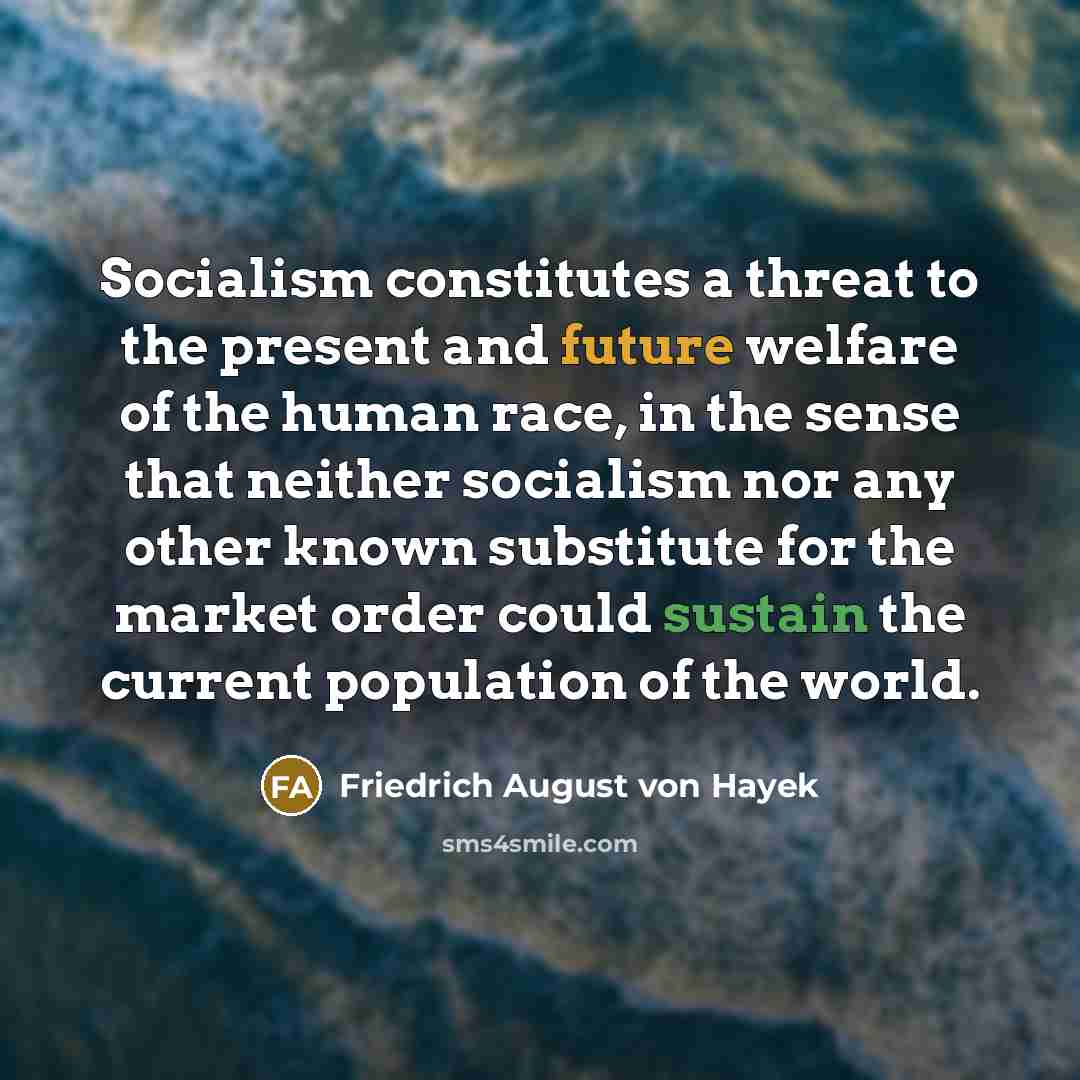 “Socialism constitutes a threat to the present and future welfare of the human race, in the sense that neither socialism nor any other known substitute for the market order could sustain the current population of the world.” quote by Friedrich August von Hayek