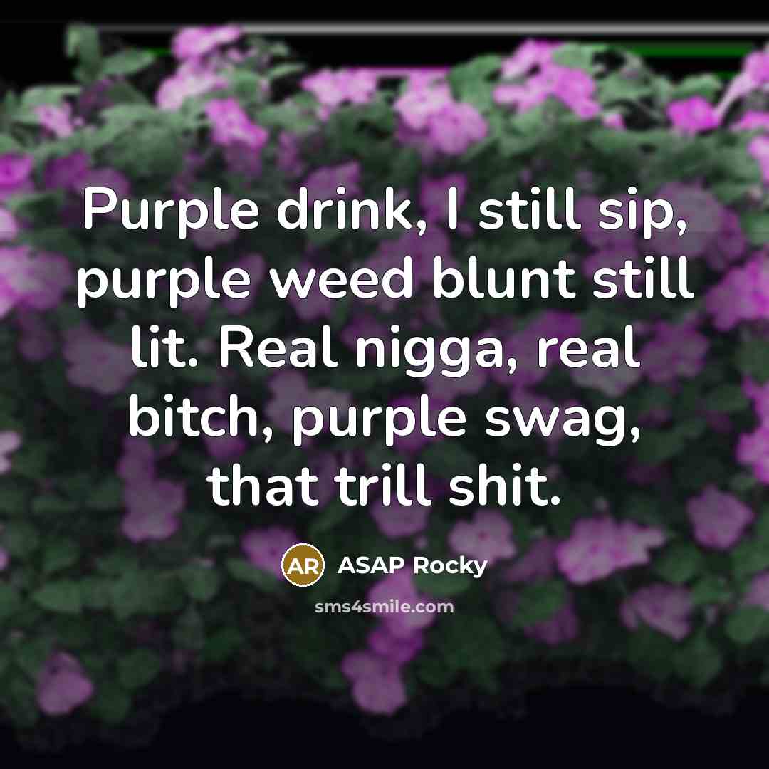 “Purple drink, I still sip, purple weed blunt still lit.…” quote by Asap Rocky