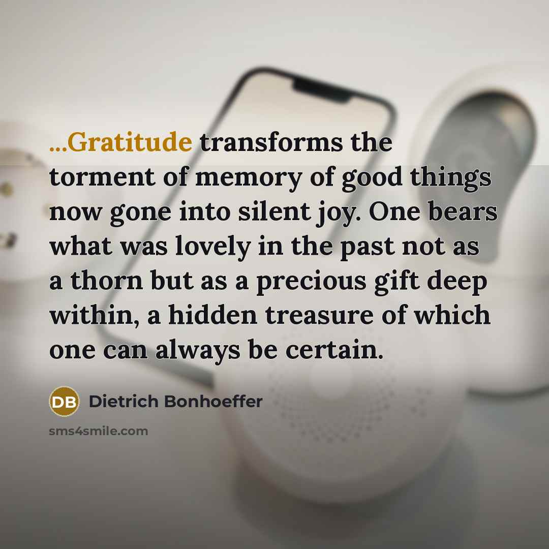 “...Gratitude transforms the torment of memory of good things now…” quote by Dietrich Bonhoeffer