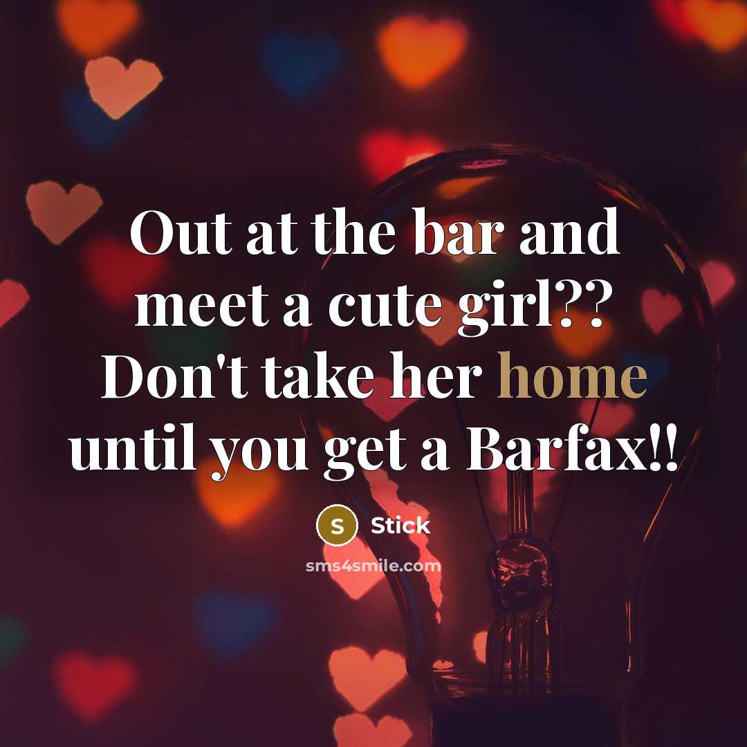 “Out at the bar and meet a cute girl?? Don't take her home until you get a Barfax!!” quote by Stick