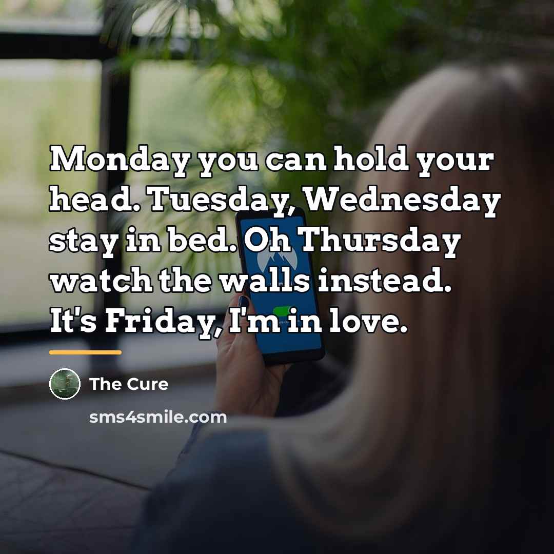“Monday you can hold your head. Tuesday, Wednesday stay in…” quote by The Cure