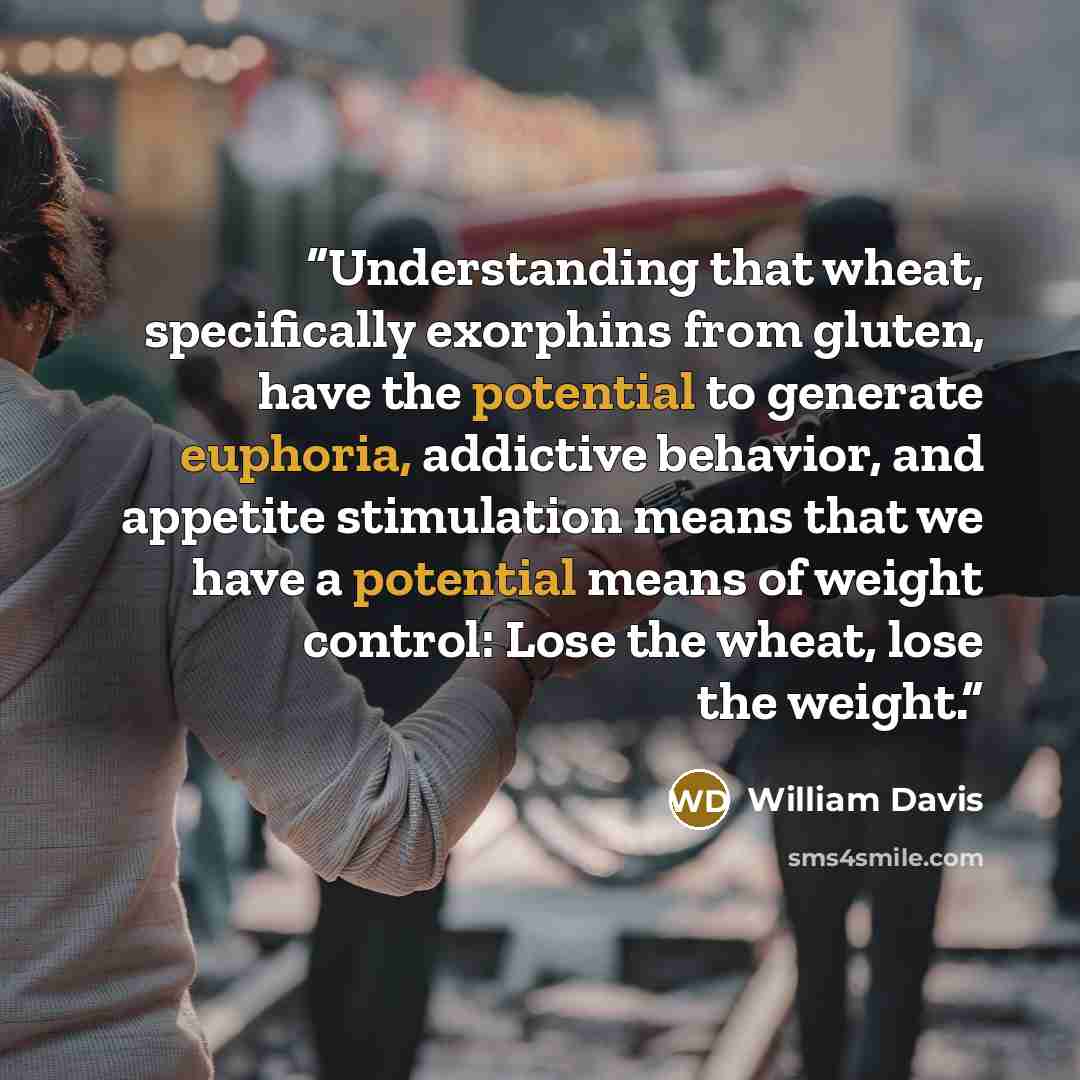 “Understanding that wheat, specifically exorphins from gluten, have the potential to generate euphoria, addictive behavior, and appetite stimulation means that we have a potential means of weight control: Lose the wheat, lose the weight.” quote by William Davis