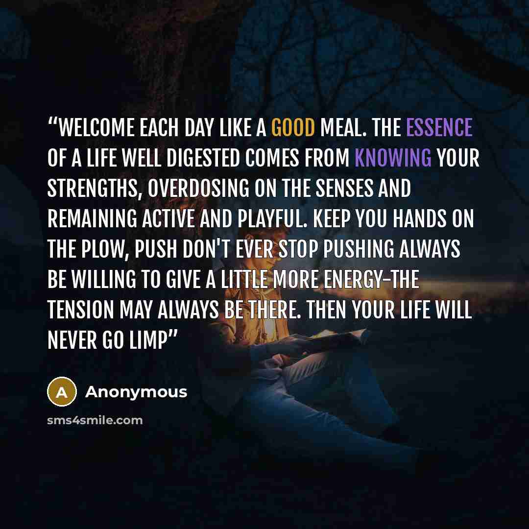 “Welcome each day like a good meal. The essence of a life well digested comes from knowing your strengths, overdosing on the senses and remaining active and playful. Keep you hands on the plow, push don't ever stop pushing always be willing to give a little more energy-the tension may always be…” quote by Anonymous