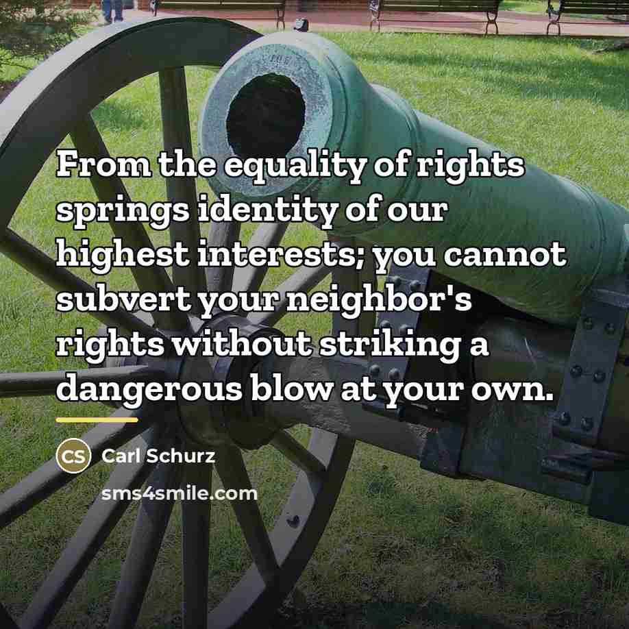 “From the equality of rights springs identity of our highest…” quote by Carl Schurz