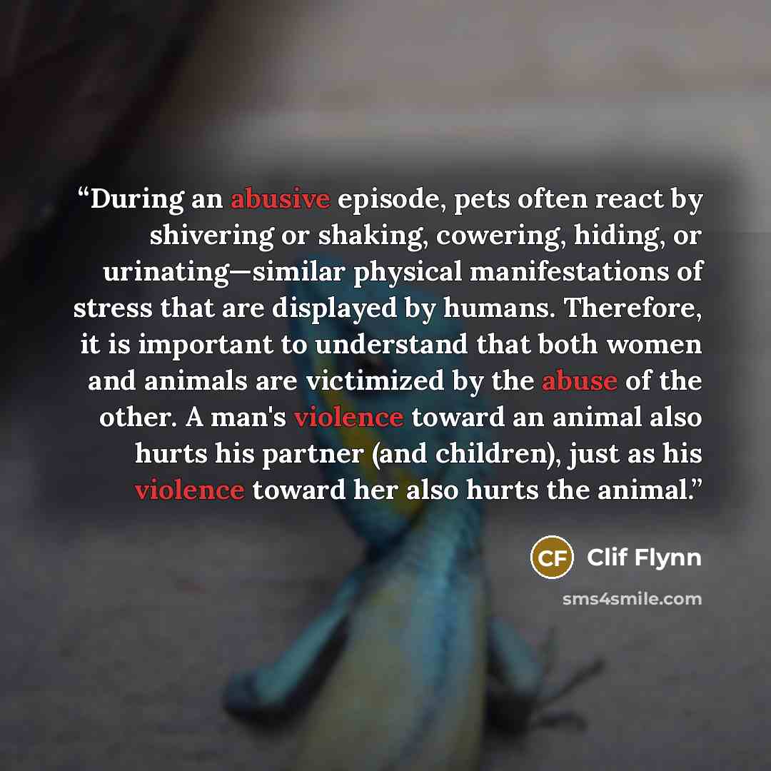 “During an abusive episode, pets often react by shivering or shaking, cowering, hiding, or urinating—similar physical manifestations of stress that are displayed by humans. Therefore, it is important to understand that both women and animals are victimized by the abuse of the other. A man's…” quote by Clif Flynn