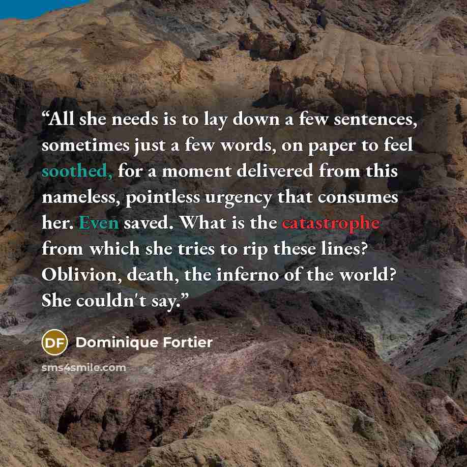 “All she needs is to lay down a few sentences, sometimes just a few words, on paper to feel soothed, for a moment delivered from this nameless, pointless urgency that consumes her. Even saved. What is the catastrophe from which she tries to rip these lines? Oblivion, death, the inferno of the…” quote by Dominique Fortier