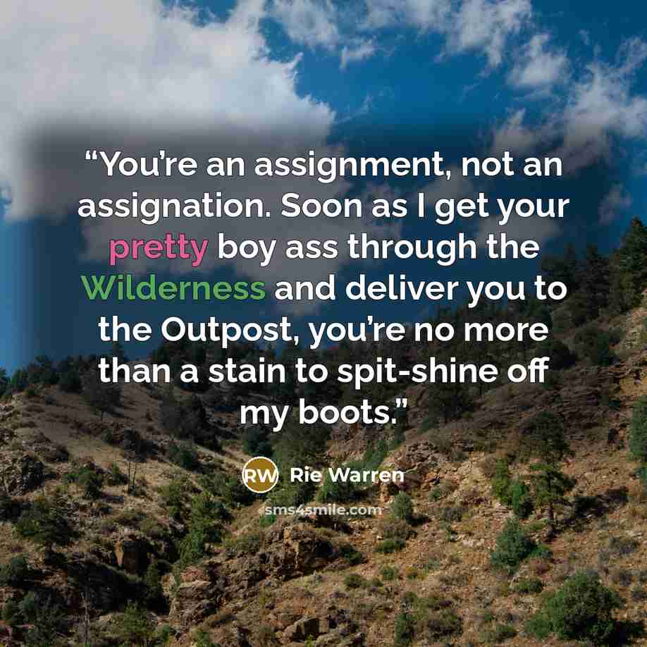 “You’re an assignment, not an assignation. Soon as I get your pretty boy ass through the Wilderness and deliver you to the Outpost, you’re no more than a stain to spit-shine off my boots.” quote by Rie Warren