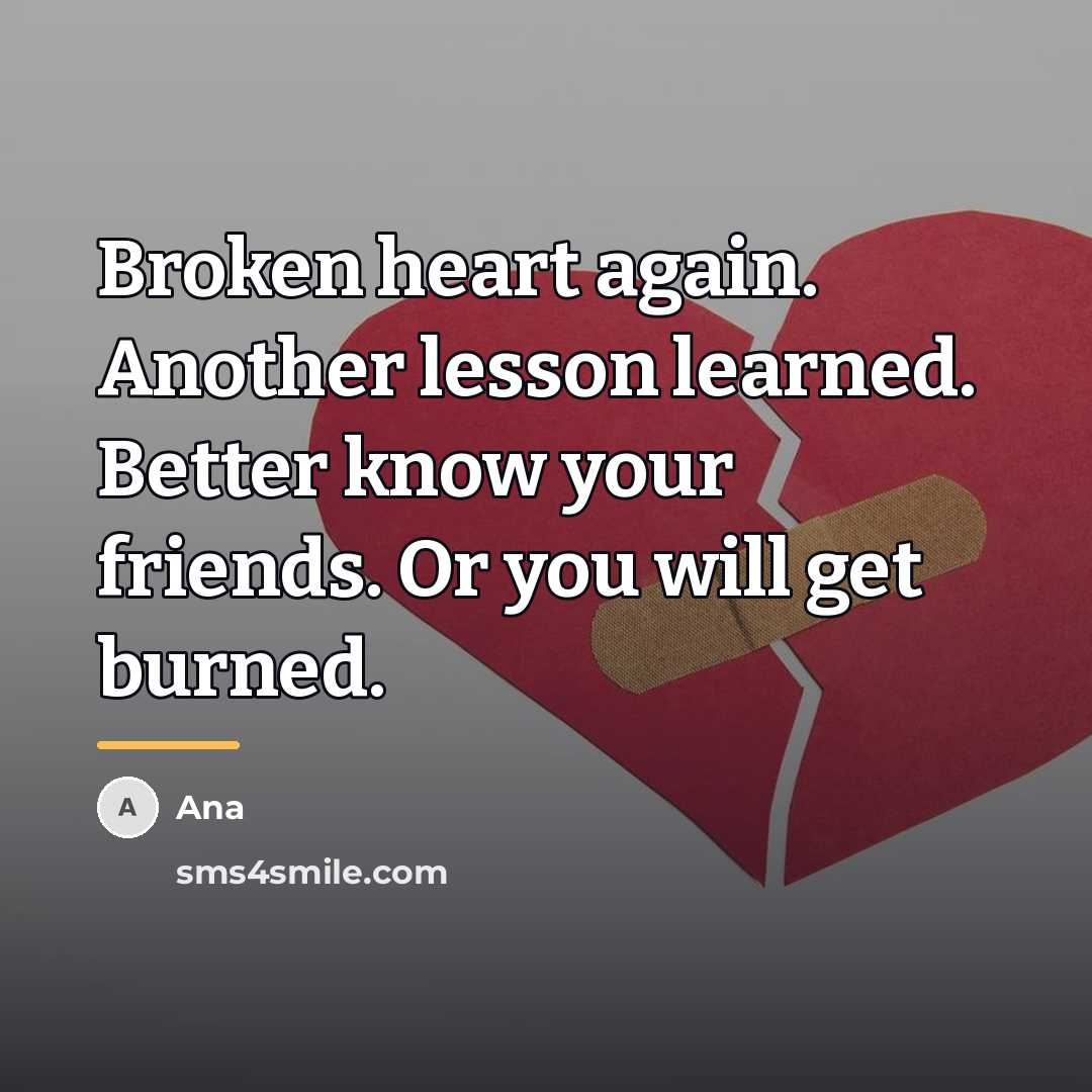 “Broken heart again. Another lesson learned. Better know your friends.…” quote by Ana