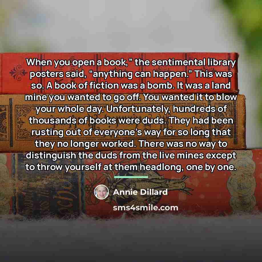 “When you open a book,” the sentimental library posters said,…” quote by Annie Dillard