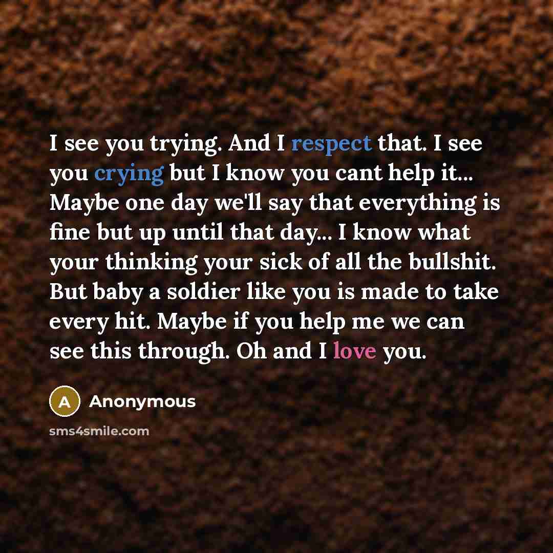 “I see you trying. And I respect that. I see you crying but I know you cant help it... Maybe one day we'll say that everything is fine but up until that day... I know what your thinking your sick of all the bullshit. But baby a soldier like you is made to take every hit. Maybe if you help me we can…” quote by Anonymous