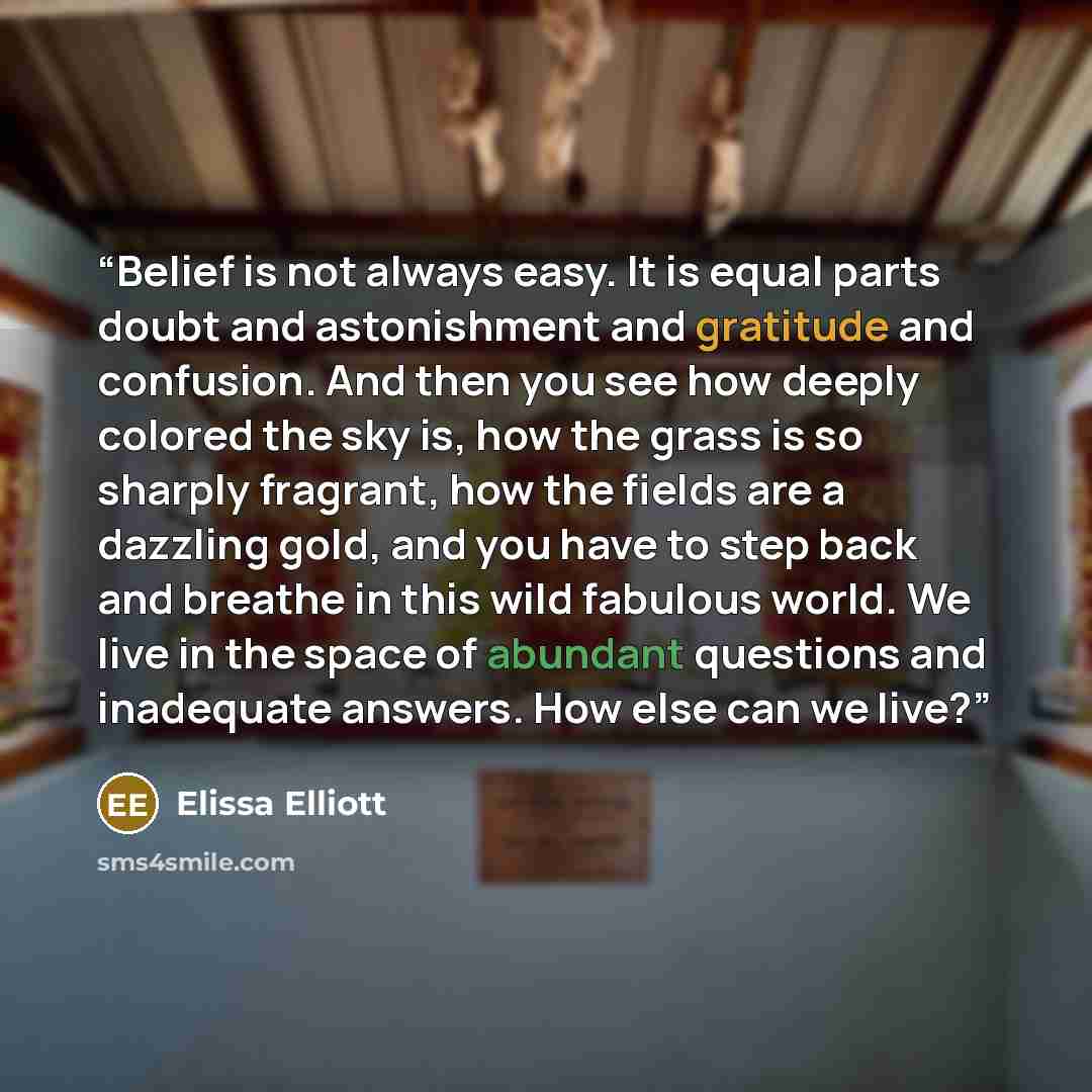 “Belief is not always easy. It is equal parts doubt and astonishment and gratitude and confusion. And then you see how deeply colored the sky is, how the grass is so sharply fragrant, how the fields are a dazzling gold, and you have to step back and breathe in this wild fabulous world. We live in…” quote by Elissa Elliott