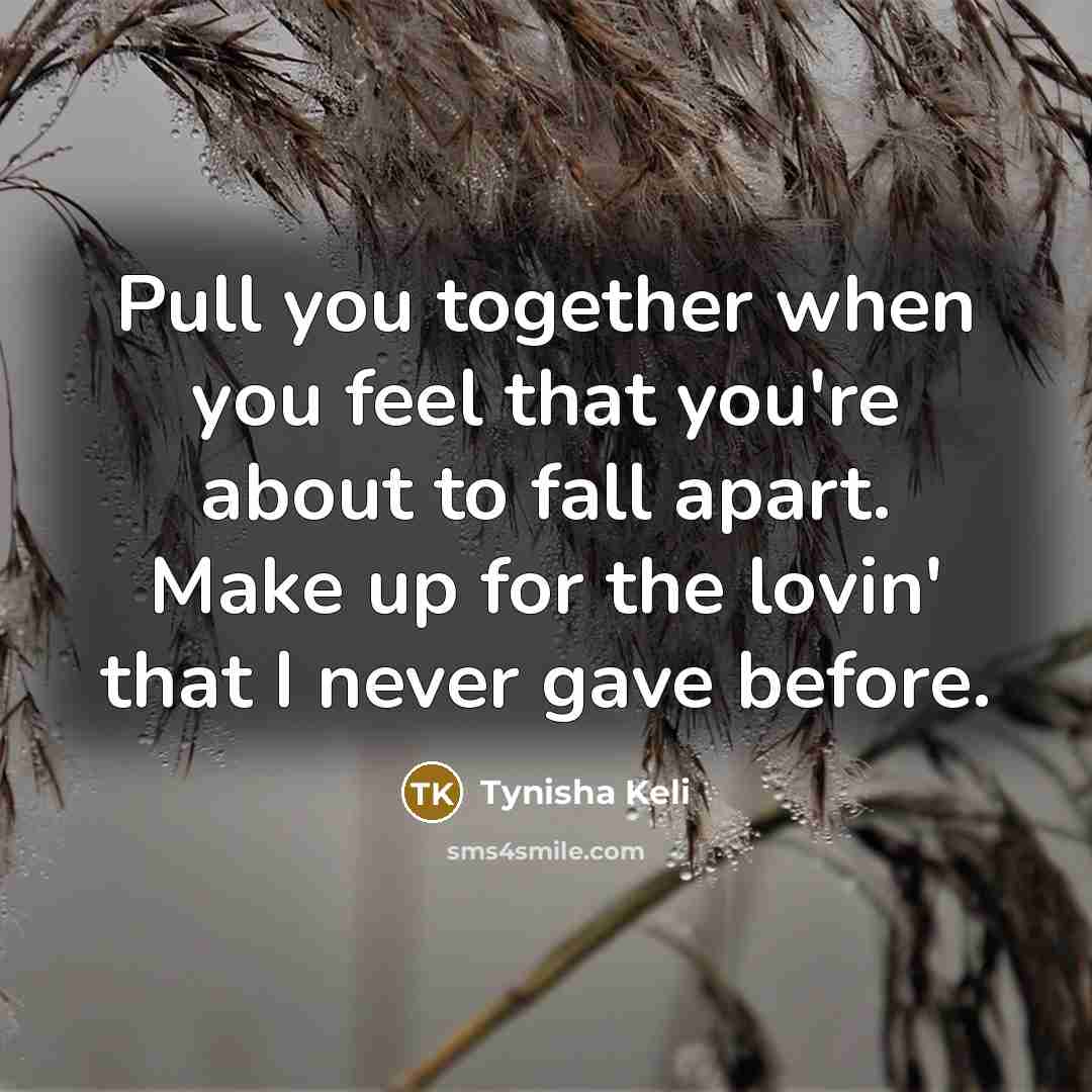 “Pull you together when you feel that you're about to fall apart. Make up for the lovin' that I never gave before.” quote by Tynisha Keli