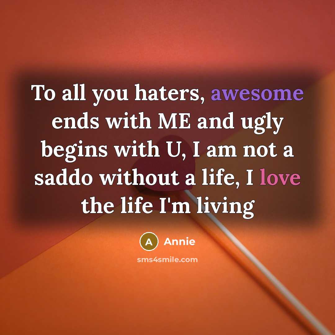 “To all you haters, awesome ends with ME and ugly begins with U, I am not a saddo without a life, I love the life I'm living” quote by Annie