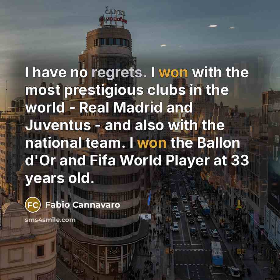 “I have no regrets. I won with the most prestigious clubs in the world - Real Madrid and Juventus - and also with the national team. I won the Ballon d'Or and Fifa World Player at 33 years old.” quote by Fabio Cannavaro
