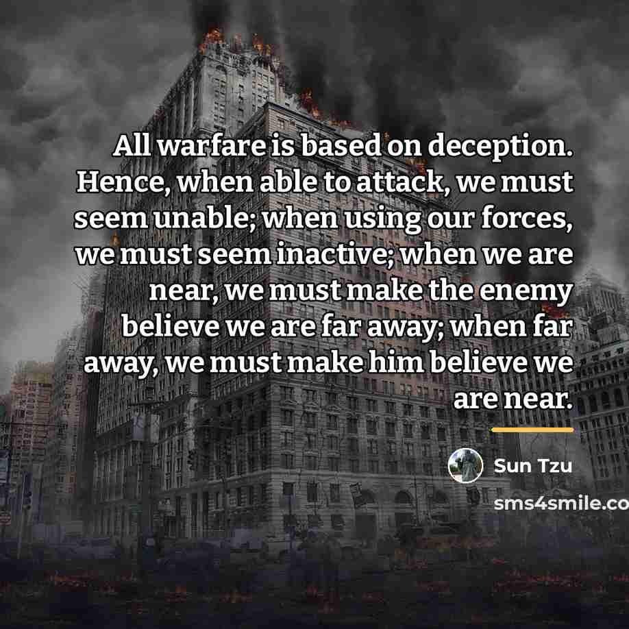 “All warfare is based on deception. Hence, when able to…” quote by Sun Tzu