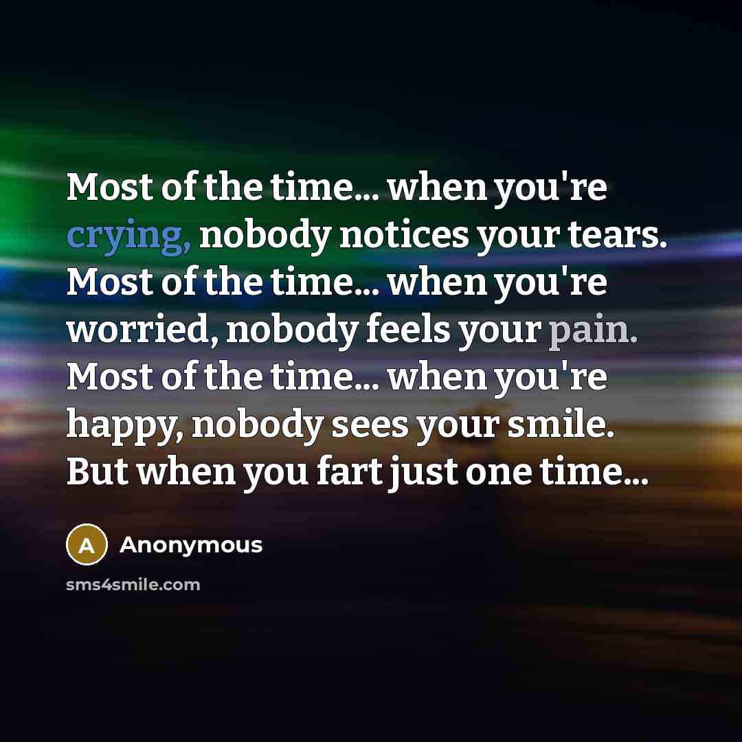 “Most of the time... when you're crying, nobody notices your tears. Most of the time... when you're worried, nobody feels your pain. Most of the time... when you're happy, nobody sees your smile. But when you fart just one time...” quote by Anonymous