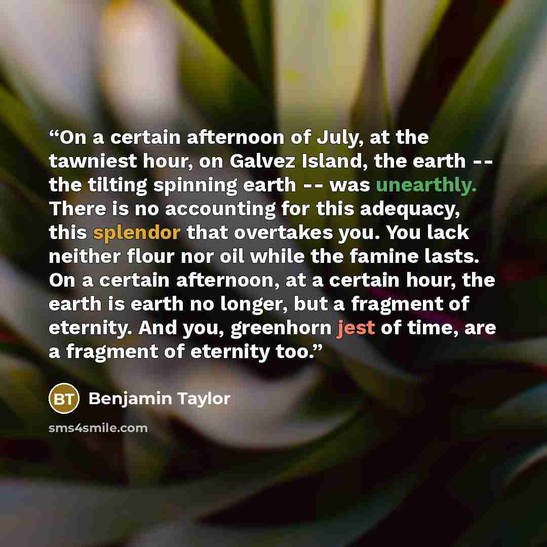 “On a certain afternoon of July, at the tawniest hour, on Galvez Island, the earth -- the tilting spinning earth -- was unearthly. There is no accounting for this adequacy, this splendor that overtakes you. You lack neither flour nor oil while the famine lasts. On a certain afternoon, at a certain…” quote by Benjamin Taylor