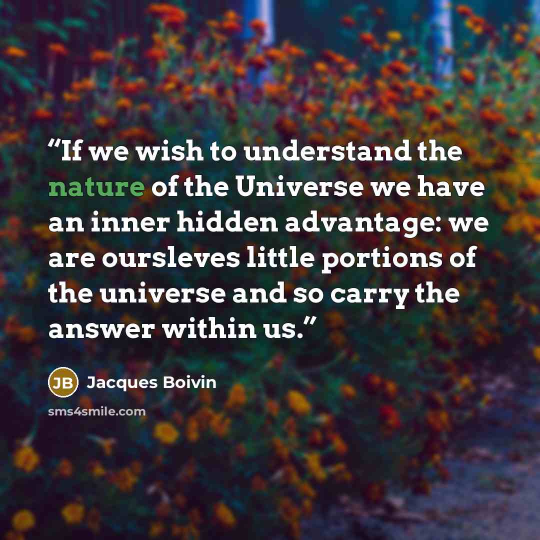 “If we wish to understand the nature of the Universe we have an inner hidden advantage: we are oursleves little portions of the universe and so carry the answer within us.” quote by Jacques Boivin
