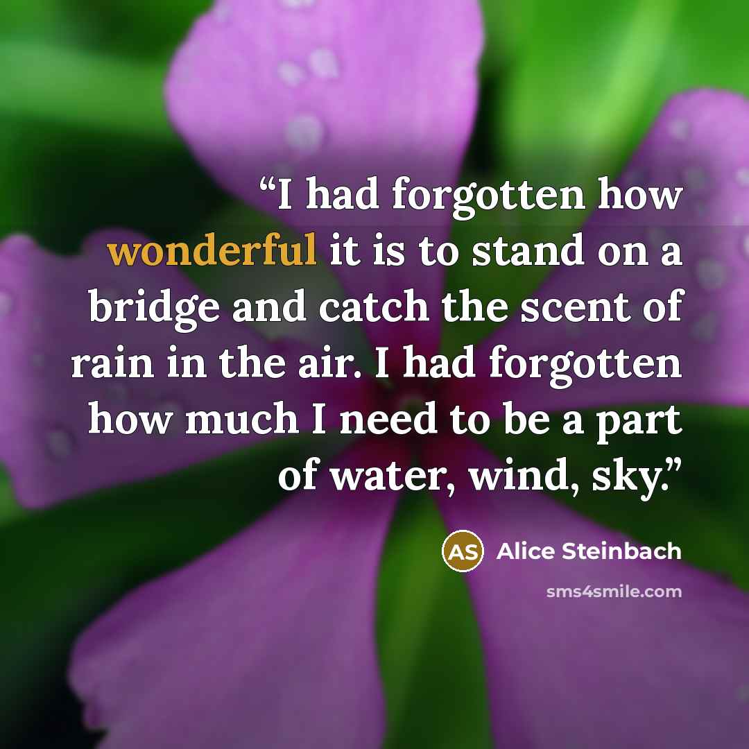“I had forgotten how wonderful it is to stand on a bridge and catch the scent of rain in the air. I had forgotten how much I need to be a part of water, wind, sky.” quote by Alice Steinbach