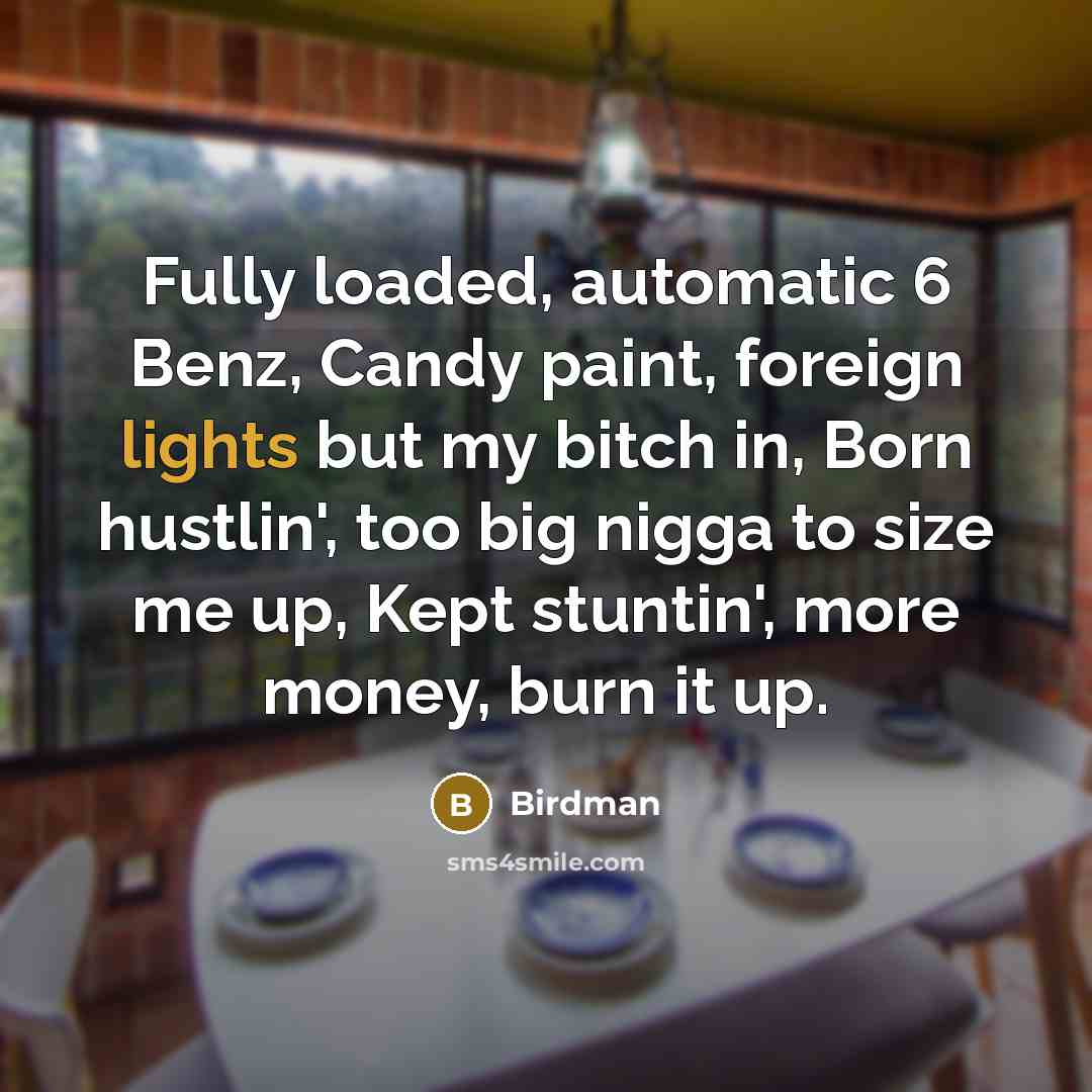 “Fully loaded, automatic 6 Benz, Candy paint, foreign lights but my bitch in, Born hustlin', too big nigga to size me up, Kept stuntin', more money, burn it up.” quote by Birdman