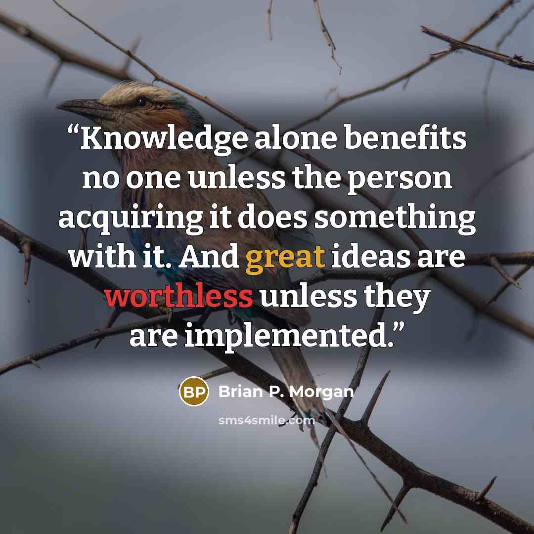 “Knowledge alone benefits no one unless the person acquiring it does something with it. And great ideas are worthless unless they are implemented.” quote by Brian P. Morgan