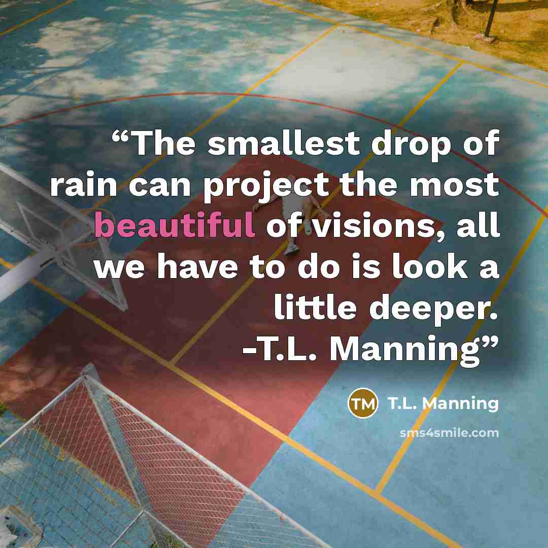 “The smallest drop of rain can project the most beautiful of visions, all we have to do is look a little deeper. -T.L. Manning” quote by T.L. Manning
