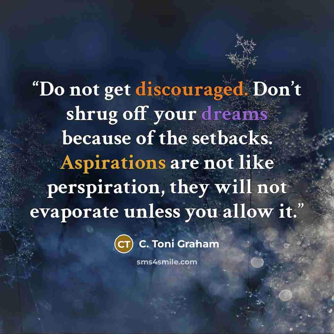 “Do not get discouraged. Don’t shrug off your dreams because of the setbacks. Aspirations are not like perspiration, they will not evaporate unless you allow it.” quote by C. Toni Graham