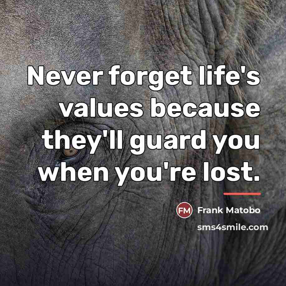 “Never forget life's values because they'll guard you when you're…” quote by Frank Matobo