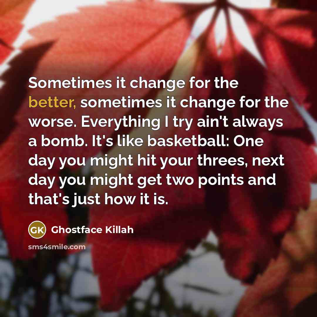 “Sometimes it change for the better, sometimes it change for the worse. Everything I try ain't always a bomb. It's like basketball: One day you might hit your threes, next day you might get two points and that's just how it is.” quote by Ghostface Killah