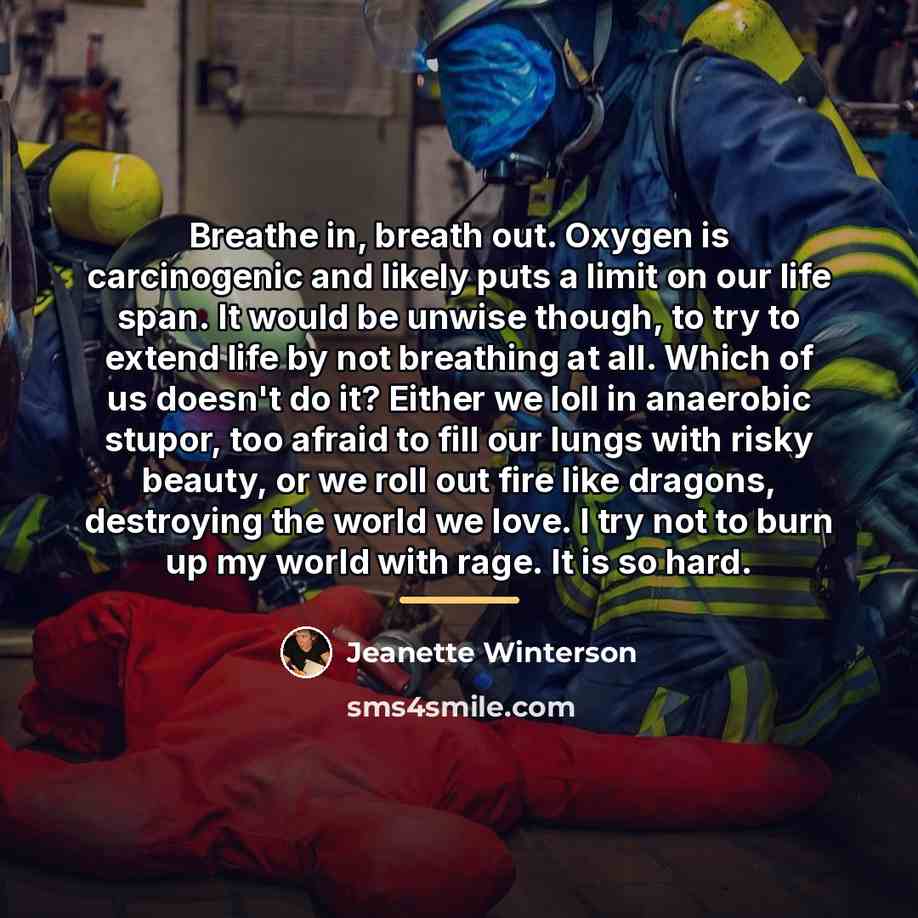 “Breathe in, breath out. Oxygen is carcinogenic and likely puts…” quote by Jeanette Winterson