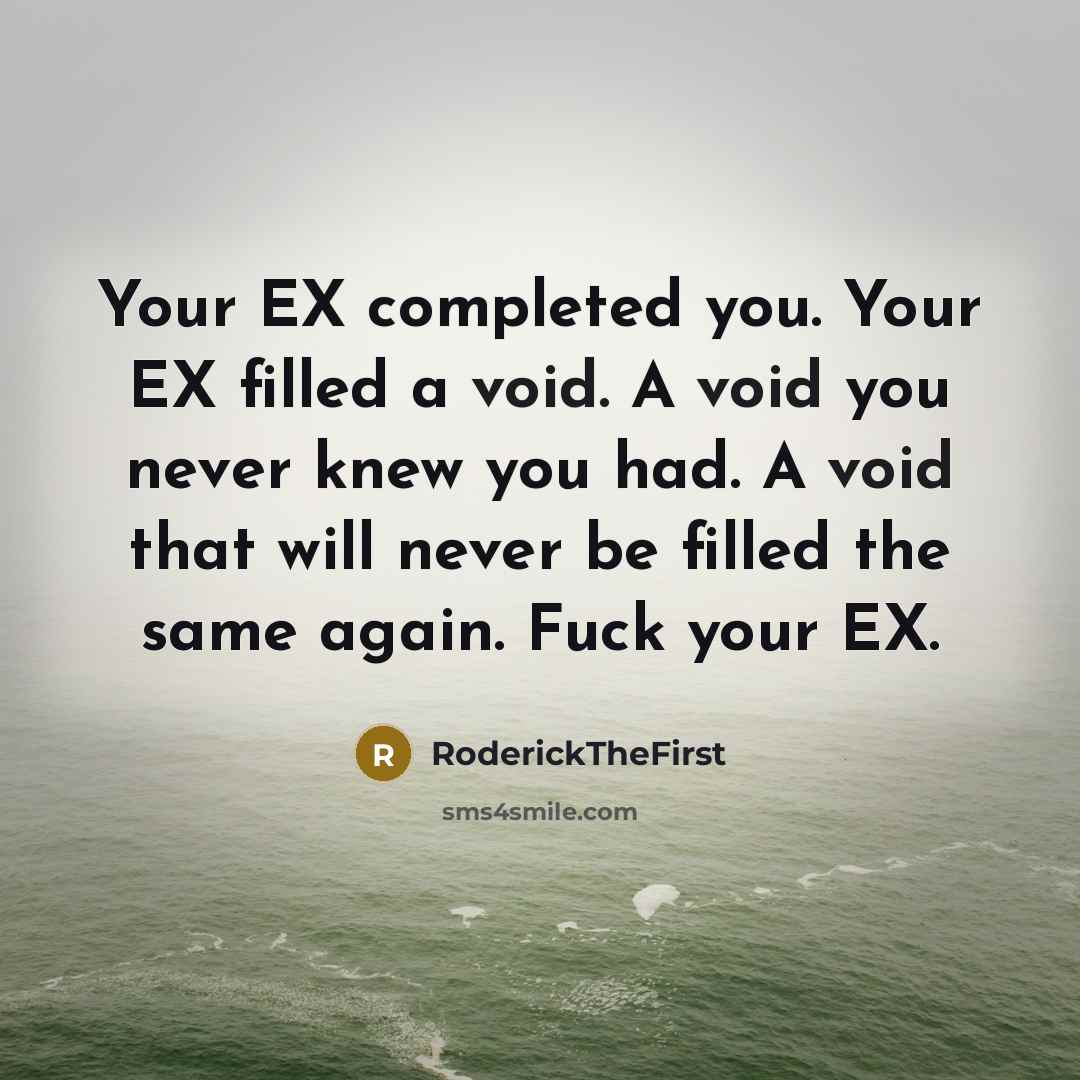 “Your EX completed you. Your EX filled a void. A void you never knew you had. A void that will never be filled the same again. Fuck your EX.” quote by RoderickTheFirst