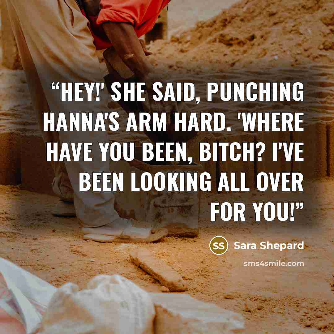 “Hey!' she said, punching Hanna's arm hard. 'Where have you been, bitch? I've been looking all over for you!” quote by Sara Shepard