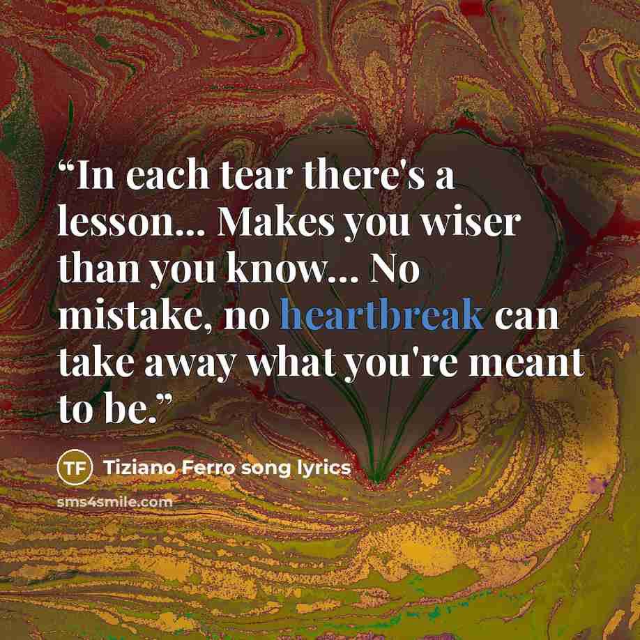 “In each tear there's a lesson... Makes you wiser than you know… No mistake, no heartbreak can take away what you're meant to be.” quote by Tiziano Ferro song lyrics