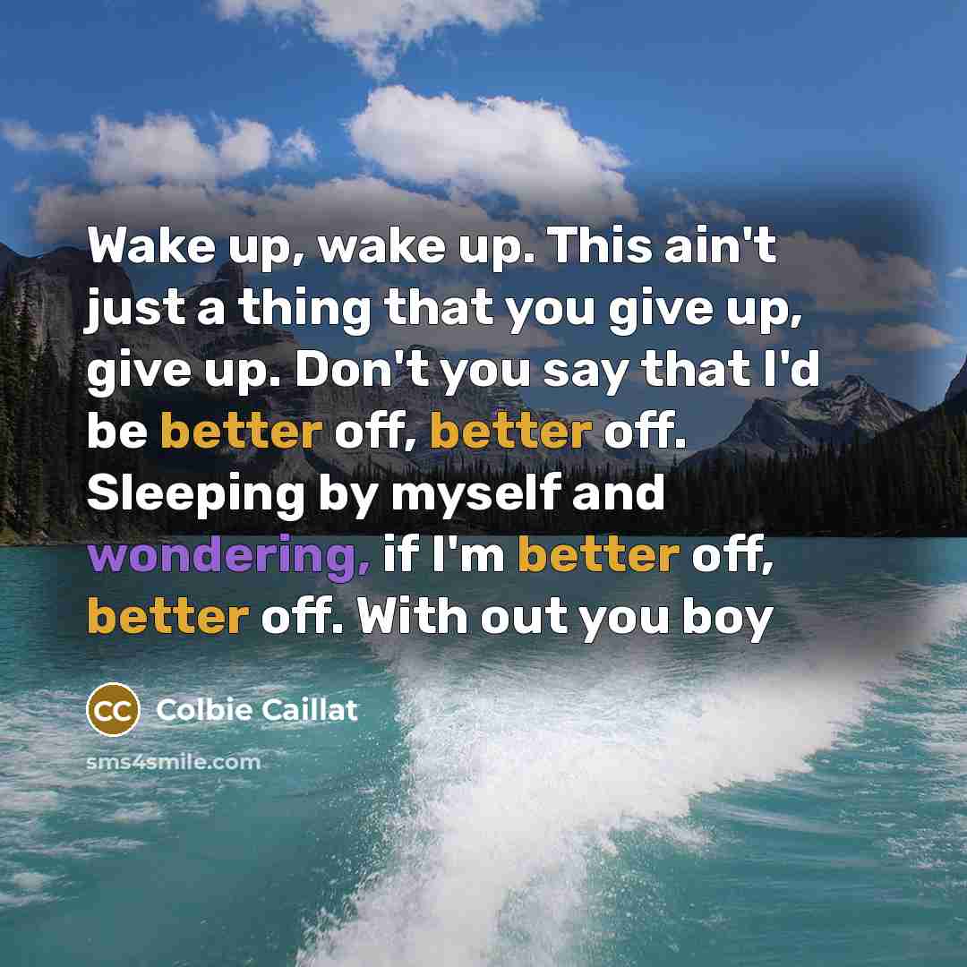 “Wake up, wake up. This ain't just a thing that you give up, give up. Don't you say that I'd be better off, better off. Sleeping by myself and wondering, if I'm better off, better off. With out you boy” quote by Colbie Caillat