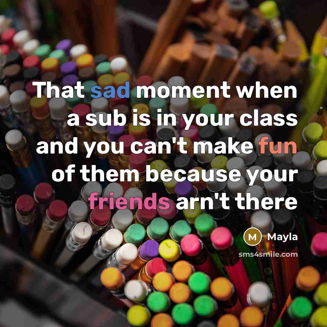 “That sad moment when a sub is in your class and you can't make fun of them because your friends arn't there” quote by Mayla
