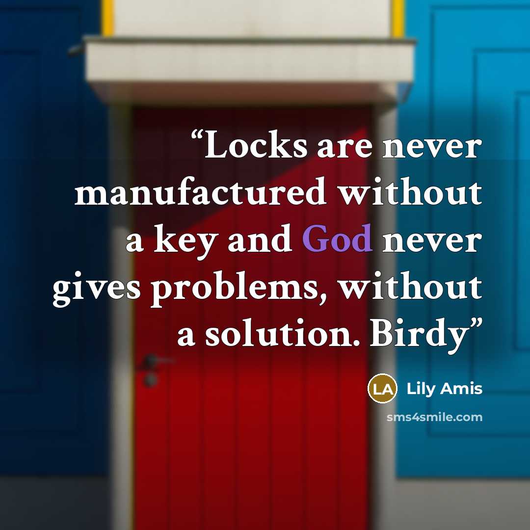 “Locks are never manufactured without a key and God never gives problems, without a solution. Birdy” quote by Lily Amis