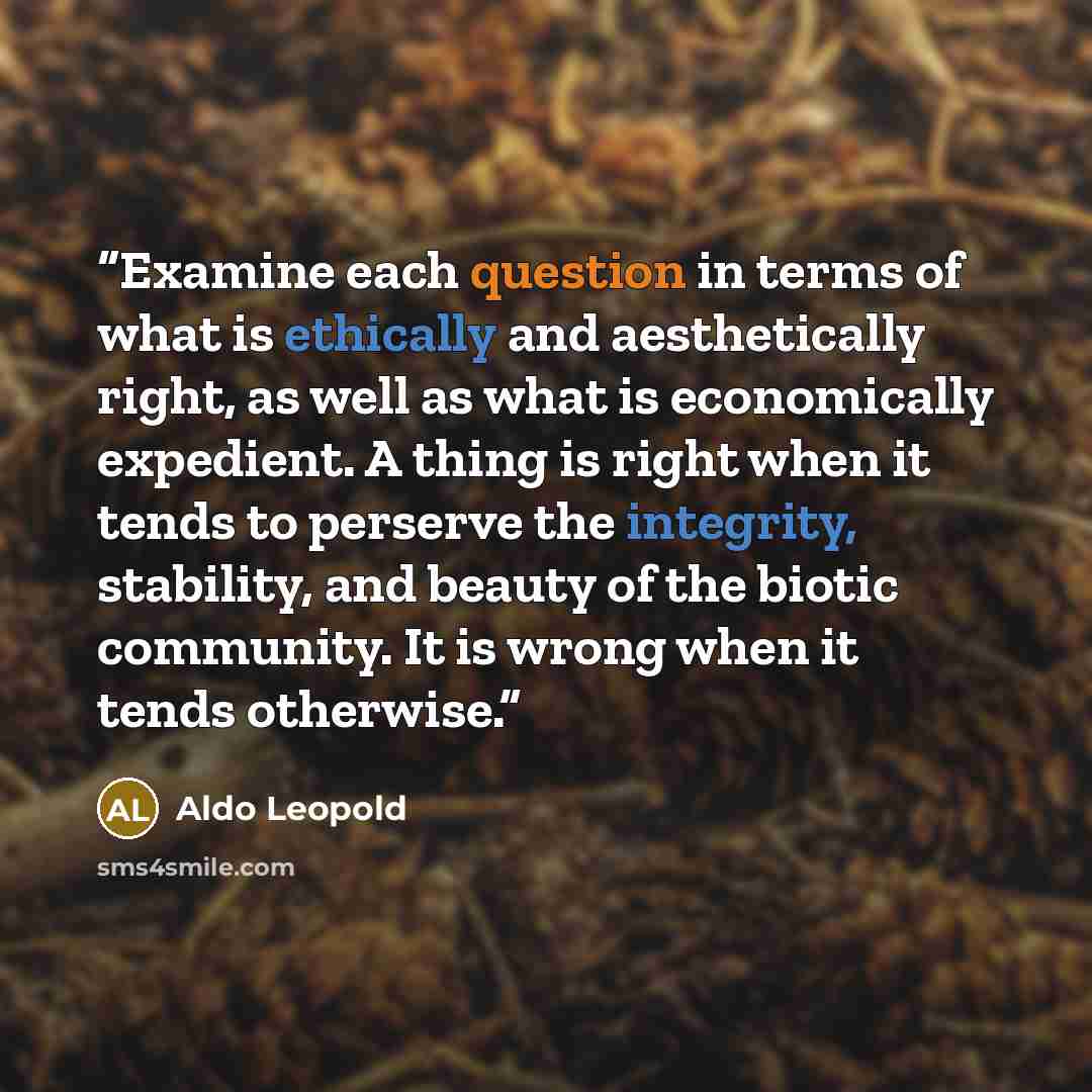 “Examine each question in terms of what is ethically and aesthetically right, as well as what is economically expedient. A thing is right when it tends to perserve the integrity, stability, and beauty of the biotic community. It is wrong when it tends otherwise.” quote by Aldo Leopold