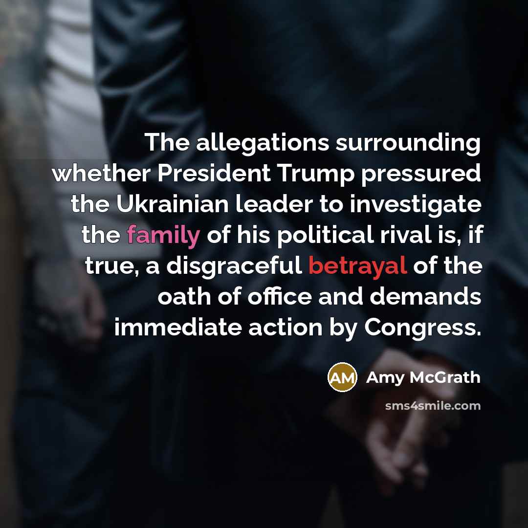 “The allegations surrounding whether President Trump pressured the Ukrainian leader…” quote by Amy McGrath