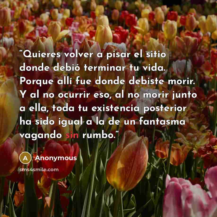 “Quieres volver a pisar el sitio donde debió terminar tu vida. Porque allí fue donde debiste morir. Y al no ocurrir eso, al no morir junto a ella, toda tu existencia posterior ha sido igual a la de un fantasma vagando sin rumbo.” quote by Anonymous