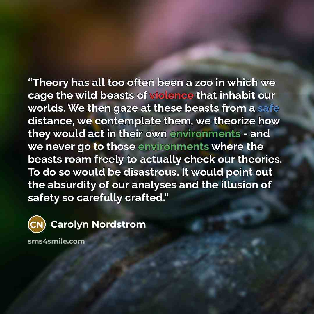 “Theory has all too often been a zoo in which we cage the wild beasts of violence that inhabit our worlds. We then gaze at these beasts from a safe distance, we contemplate them, we theorize how they would act in their own environments - and we never go to those environments where the beasts roam…” quote by Carolyn Nordstrom