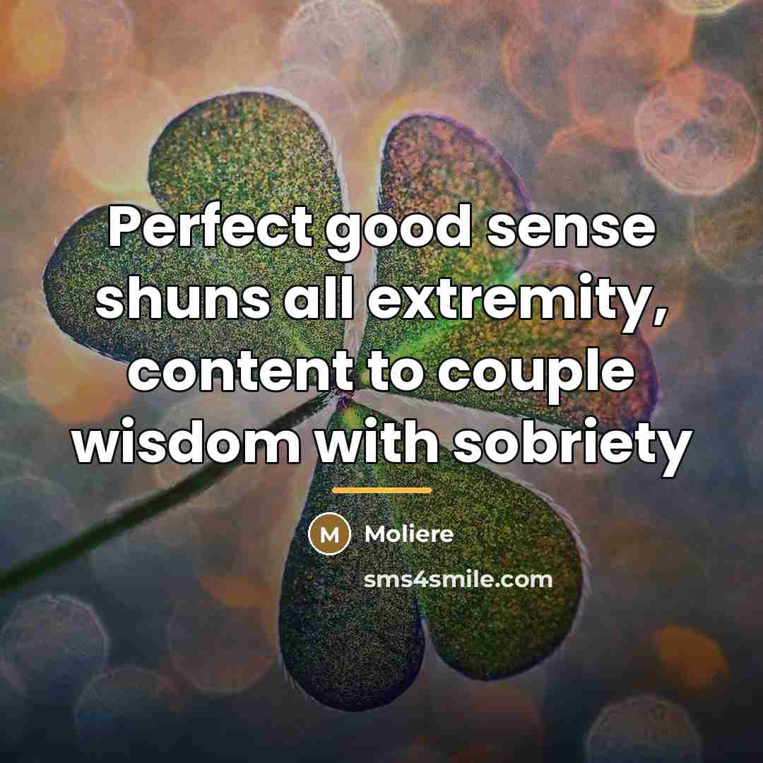 “Perfect good sense shuns all extremity, content to couple wisdom…” quote by Moliere