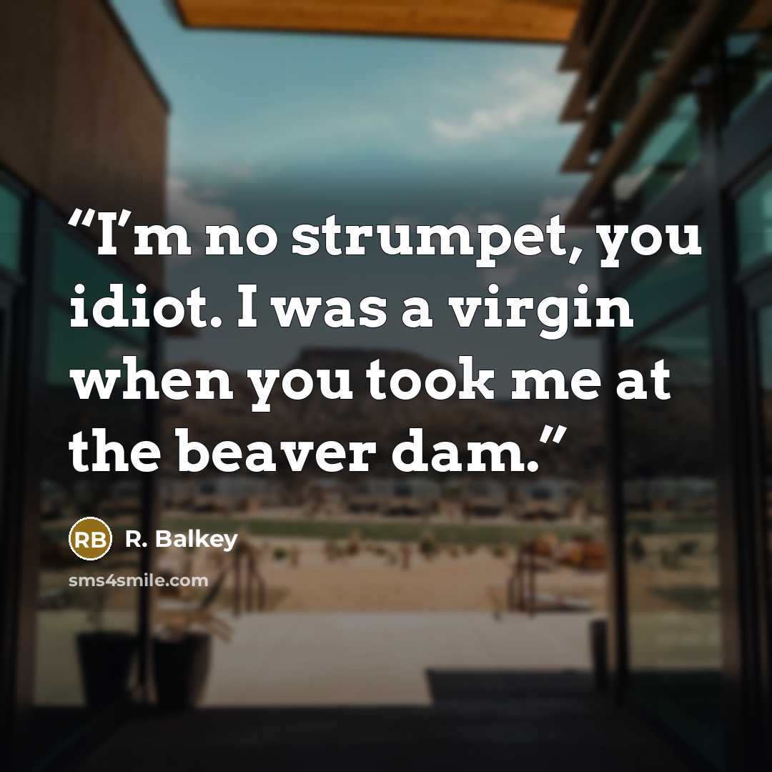 “I’m no strumpet, you idiot. I was a virgin when you took me at the beaver dam.” quote by R. Balkey