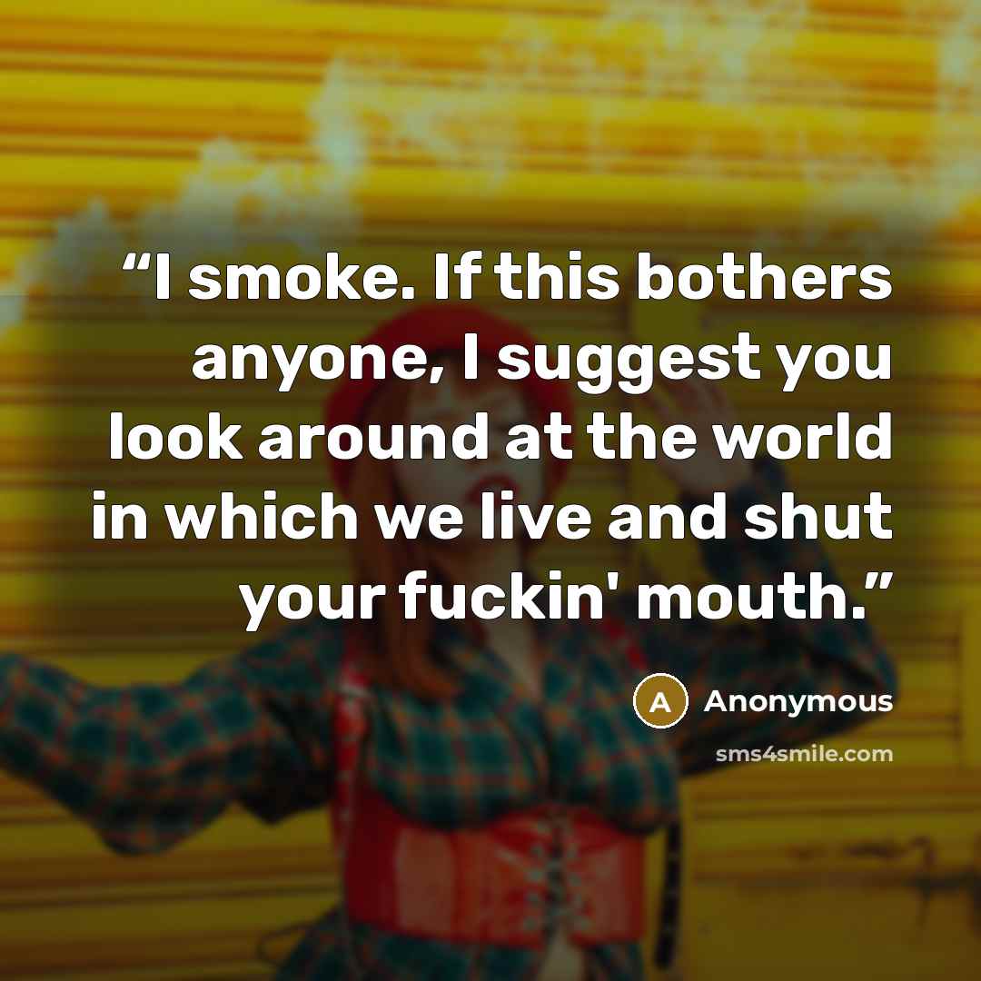 “I smoke. If this bothers anyone, I suggest you look around at the world in which we live and shut your fuckin' mouth.” quote by Anonymous