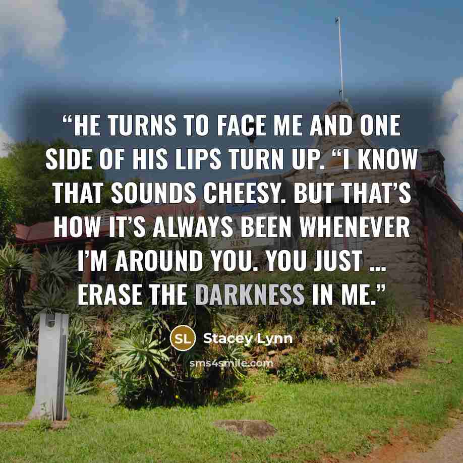 “He turns to face me and one side of his lips turn up. “I know that sounds cheesy. But that’s how it’s always been whenever I’m around you. You just … erase the darkness in me.” quote by Stacey Lynn
