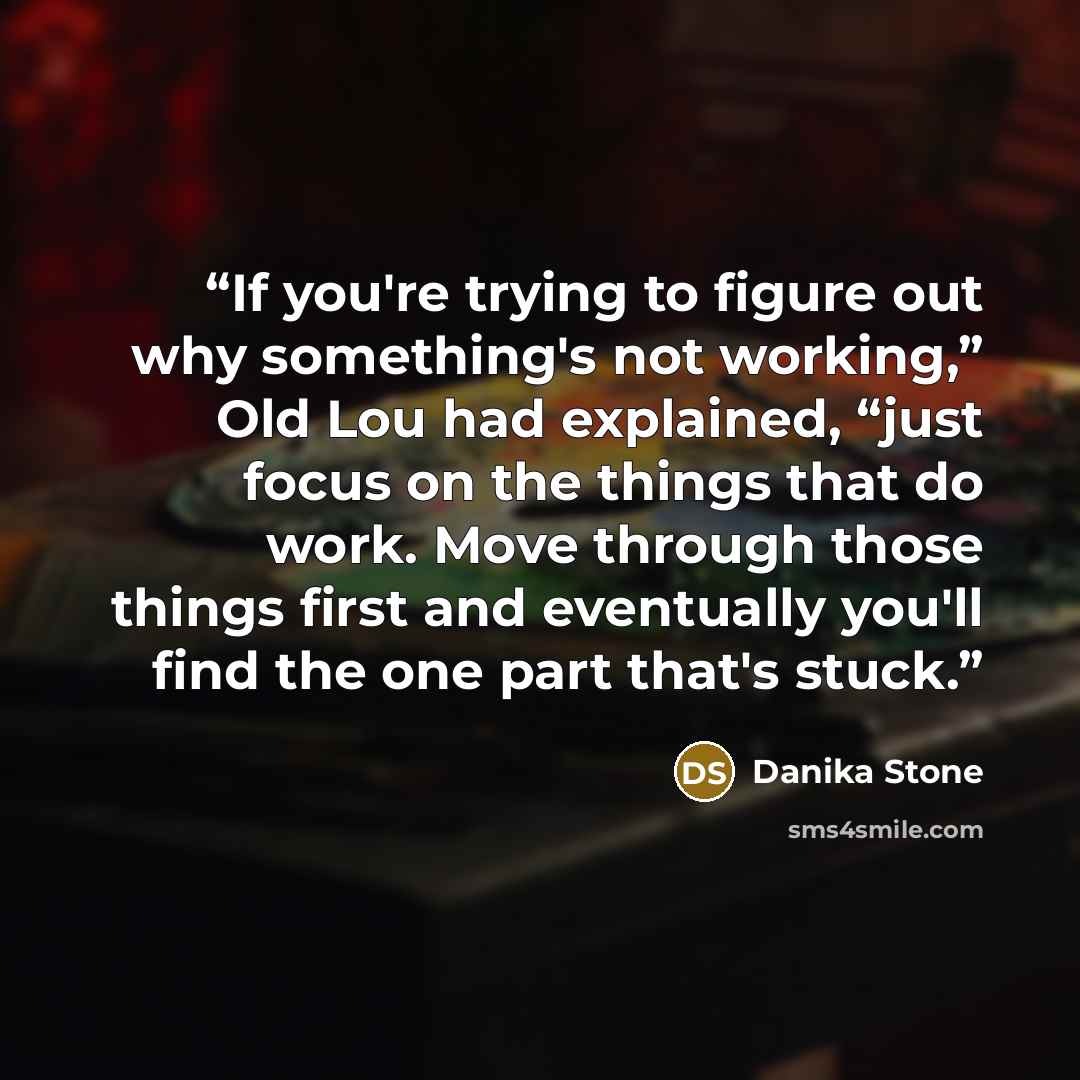 “If you're trying to figure out why something's not working,” Old Lou had explained, “just focus on the things that do work. Move through those things first and eventually you'll find the one part that's stuck.” quote by Danika Stone